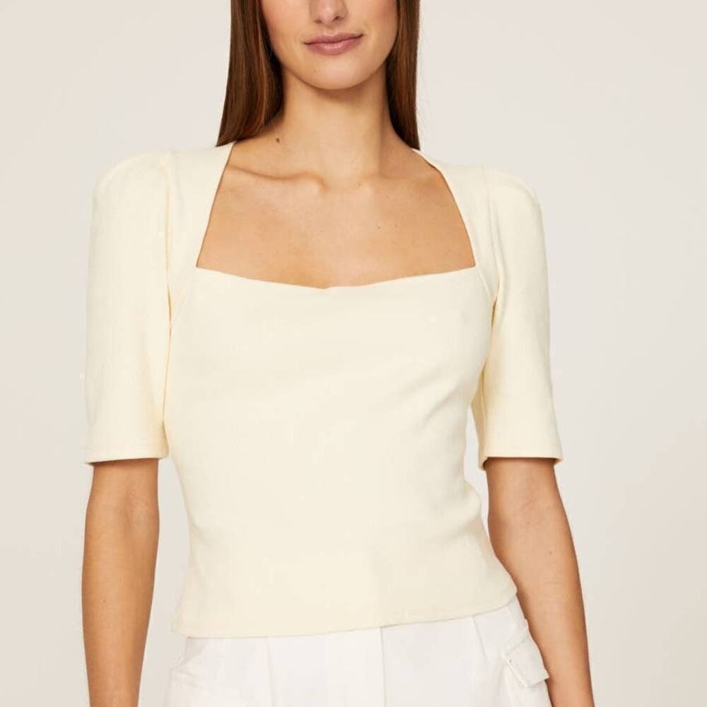 Derek Lam Collective Crop Top Ribbed Knit Puff Sleeve Light Yellow Size 8